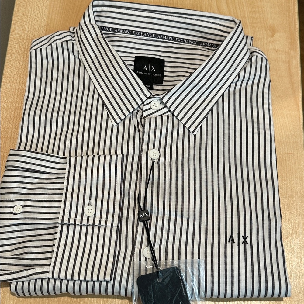 Armani Exchange White and Gray Striped Button Down Logo Shirt - XXL